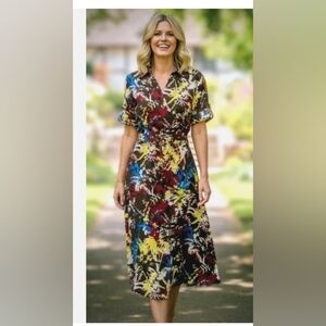 Vtg 100% Linen Floral Midi Dress Sz 18 W